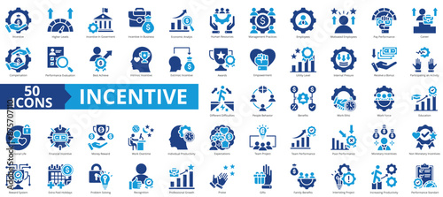 Incentive icon collection set. Containing higher level performance, government, business, economic analysis, human resources, management practice, employee icon. Simple flat vector.