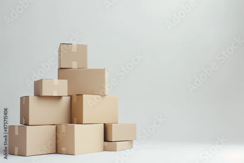 Neatly arranged stack of brown cardboard boxes on white background, moving and storage concept