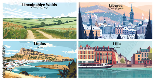 Travel landmarks tourism world famous, Vector illustration. Design for travel wallpaper, flyer or web banner design template. Panorama view. Copy space