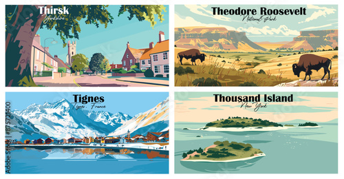 Travel landmarks tourism world famous, Vector illustration. Design for travel wallpaper, flyer or web banner design template. Panorama view. Copy space