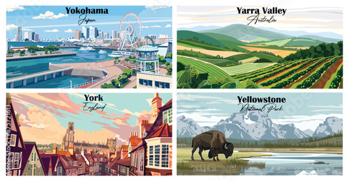 Travel landmarks tourism world famous, Vector illustration. Design for travel wallpaper, flyer or web banner design template. Panorama view. Copy space