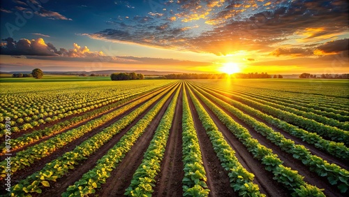 Agriculture crops in a vast field under the golden sunlight, agriculture, crops, field, farm, rural, landscape