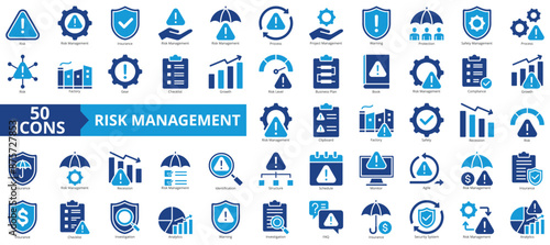 Risk management icon collection set. Containing risk, insurance, process, project, warning, protection, safety icon. Simple flat vector.