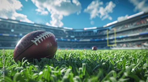 American football ball on the grass of a stadium