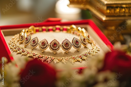 An open jewlery box with gold and platinum jewelry inside on a white background