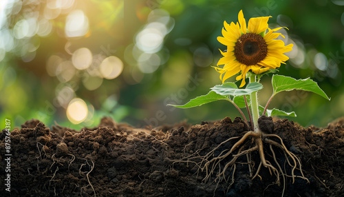 Roots of sunflower growing underground, layers of soil cross-section.