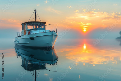 Cabin cruiser at sunrise on a tranquil lake