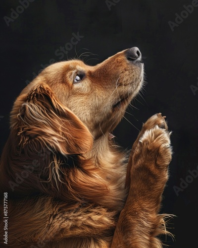 Dog on hind legs and begging on praying gesture in front paws.