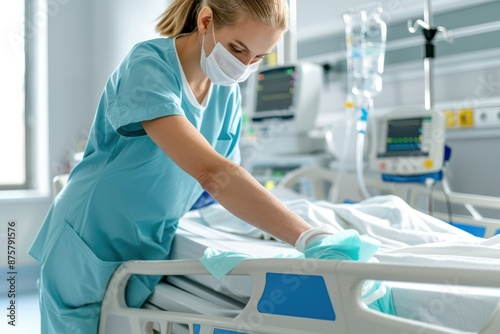 A nurse in blue scrubs and mask cleans a hospital bed in an intensive care unit, ensuring a sterile environment.