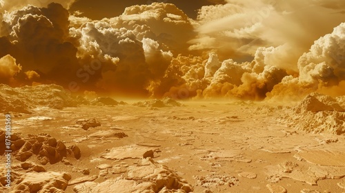 surface of Venus with thick clouds and volcanic landscape