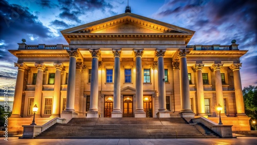 Majestic grandiose Beaux-Arts courthouse facade aglow with soft warm luminescence against a deep indigo night sky, columns and pediments prominent.