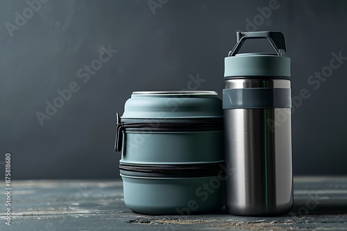 A close-up shot of a durable lunch box and thermos bottle positioned on a studio table with soft lighting.