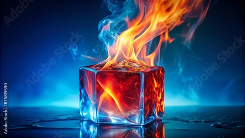 Fiery red cube ablaze with flames contrasts serene blue ice cube, epitomizing clashing forces, passion, and tranquility in abstract harmony.