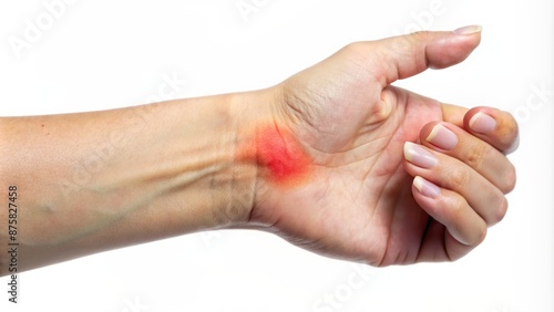 Isolated close-up of a woman's hand with a large ganglion cyst on the wrist, taken on a pure white background.