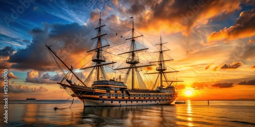 Admiral Nelson's flagship HMS Victory sailing into the sunset, Admiral Nelson, flagship, HMS Victory, sailing