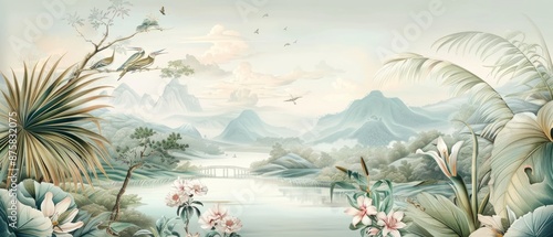 Tropical Exotic Landscape Wallpaper. Hand Drawn Design. Luxury Wall Mural