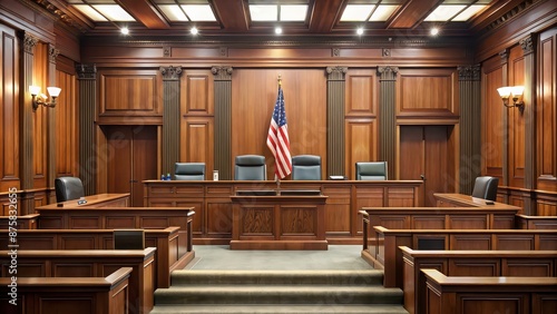 Empty court room with wooden benches, judge's seat, and flag , courtroom, interior, legal, empty, law, justice