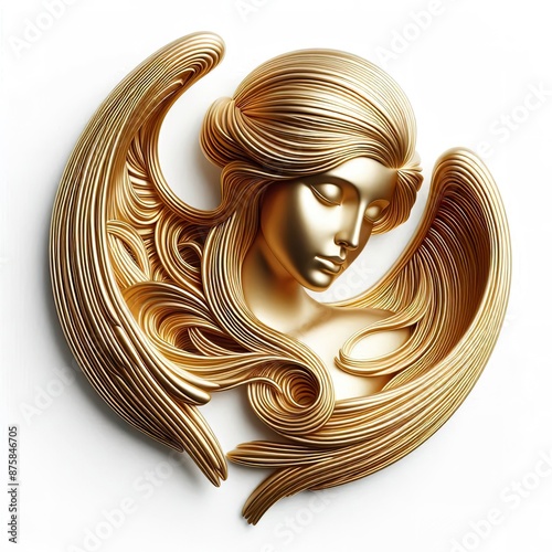 A three-dimensional, Gold stylized portrait of Angel with closed eyes