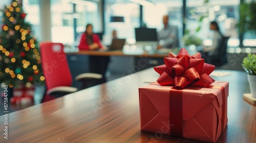 Red gift box on office desk with christmas tree. Closeup of a red gift box with a bow on a wooden desk in an office setting with a Christmas tree in the background.