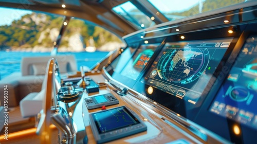 Luxury yacht cockpit with advanced navigation systems and ocean views. Modern technology and maritime expertise blend seamlessly in this elegant setting.