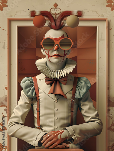 This enchanting vintage portrait features a circus clown with a retro charm, sporting large glasses, a frilly collar, and elaborate clothing for a truly captivating and unique character