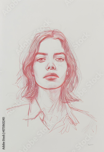 Woman's Portrait in Red Tones, Art Drawing, Delicate Facial Features