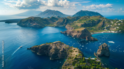 High up view of the Aeolian Islands, a group of islands in the Mediterranean Sea near Sicily, Italy.