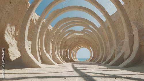 a white sand inside circular corridor that is vertical and has no walls, an ogive circular roof, and limited room