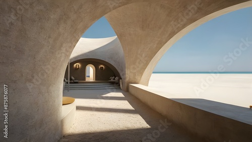 a white sand inside circular corridor that is vertical and has no walls, an ogive circular roof, and limited room