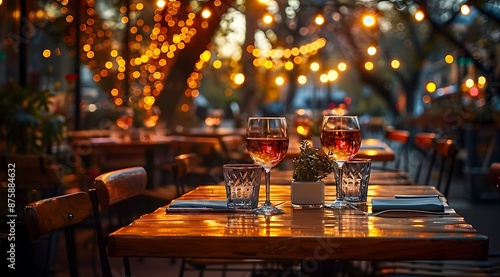 Restaurant table Wine Glass and appetizers, on the bar table Soft light and romantic atmosphere dinner wedding service menu