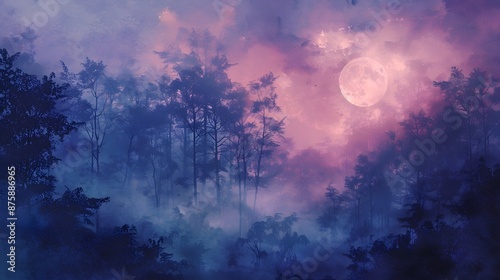 Mystical Moonlit Forest Landscape with Ethereal Mist and Soft Pastel Tones