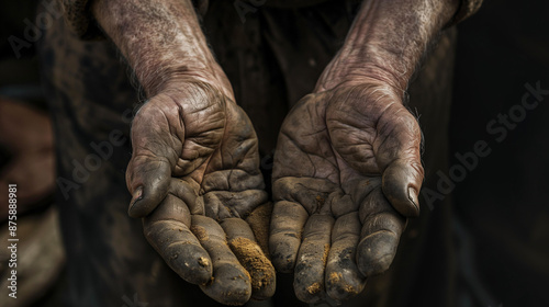 A close-up weathered hands, calloused from years of hard work. The image captures the essence of dedication and resilience