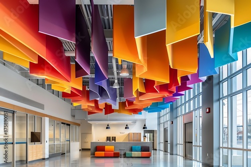 A ceiling with suspended acoustic baffles in vibrant colors, enhancing both aesthetics and acoustics.