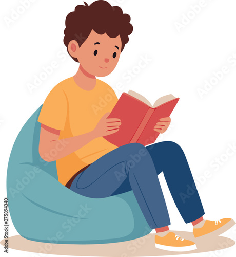 Young Boy Reading a Book on a Bean Bag Chair