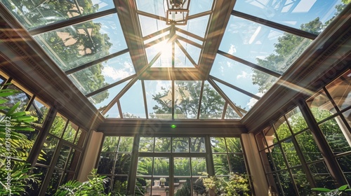 Sunlit conservatory with glass ceiling in residential home