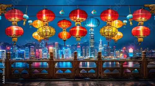 Nighttime cityscape illuminated by lantern displays blending modernity with traditional charm Stock Photo with copy space