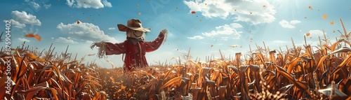 A detailed shot of scarecrows in a cornfield, their outfits flapping in the breeze, with rows of tall cornstalks and a bright blue sky, high detail