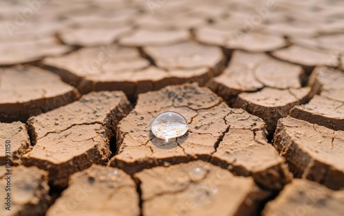 Cracked dry earth with a single water droplet, representing drought and climate change. Symbolizes hope and environmental challenges.