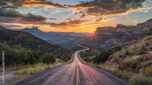 American Road. Scenic Route 66 at Sunset in Utah and Nevada Mountains