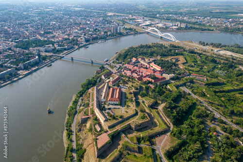 Aerial view of Petrovaradin Fortress, Danube river and Novi Sad town on sunny day. Serbia.