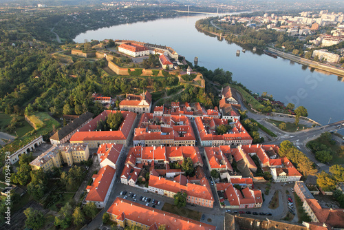 Drone view of Petrovaradin Fortress and town on early morning. Novi Sad, Serbia.