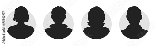 Male and female portraits, silhouettes, avatars or profiles of unknown anonymous people. Man, woman, people, African American. Black and white