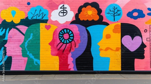 A vibrant mural depicting mental health symbols from different cultures, emphasizing global awareness, world mental health, art and culture