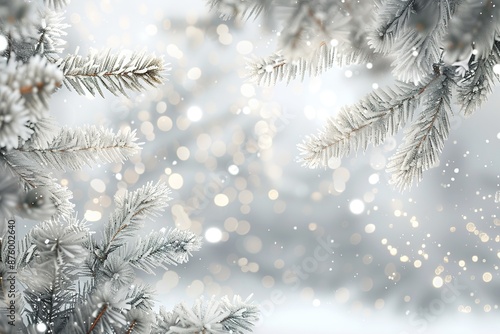 Winter background, close up of frosted pine branch on a snowing day with