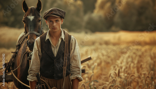 Young peasant with the horse behind a plow in the field in men's clothing.