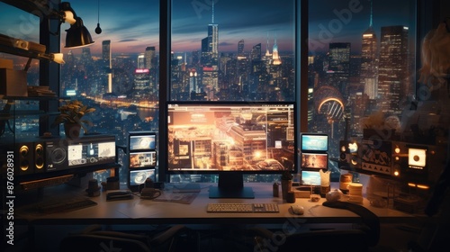 Modern office with panoramic city view at night, featuring a large computer monitor with a screen display of a futuristic city, highlighting the contrast between the digital and physical worlds.