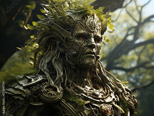 A bizarre wooden leshy with a beard and horns, located among a dense forest.