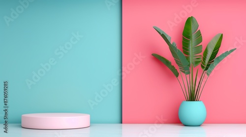 A simple geometric podium mockup featuring a bright with complementary colors, ideal for advertising presentations that require striking and balanced visuals. Clean and Clear Color, Realistic Photo,