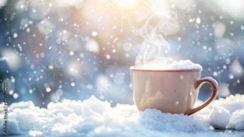 A steaming cup of hot beverage sits in the snow, with snowflakes gently falling around, creating a cozy winter scene.