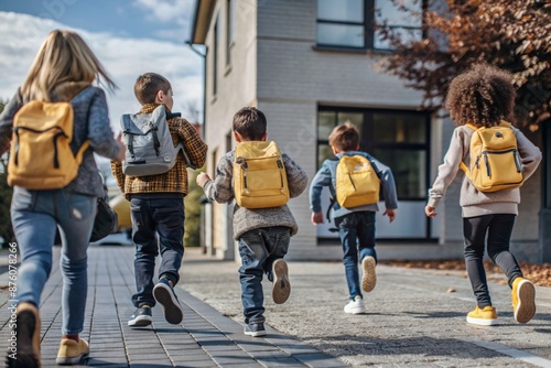 The holiday falls on September 1st. Children with yellow backpacks run to school. Rear view. Back to school. The concept of a new academic year at school. Autumn Knowledge Day.